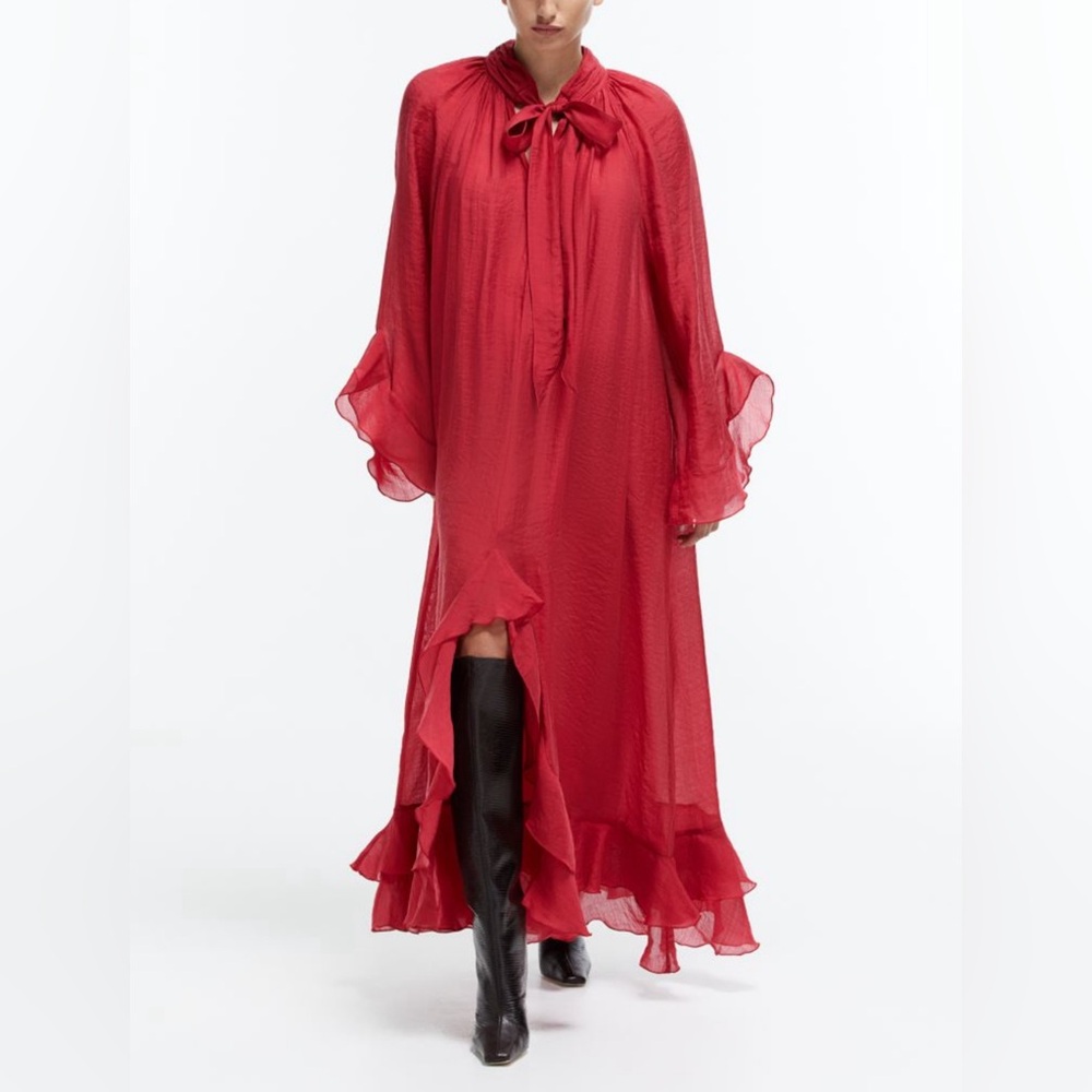 Flounced tie neck dress med